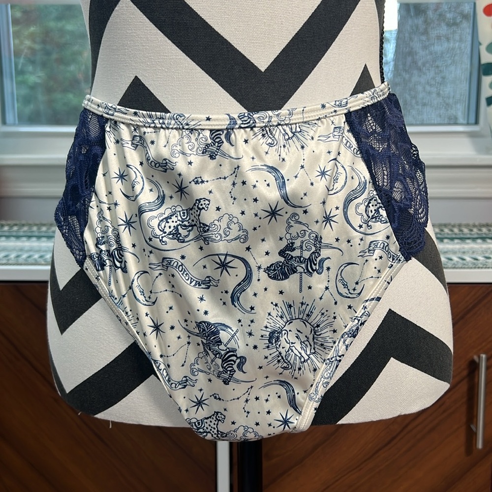 ASOS Design Celestial Print Satin Triangle Bra & High-Waist Briefs Set - Picture 3 of 14
